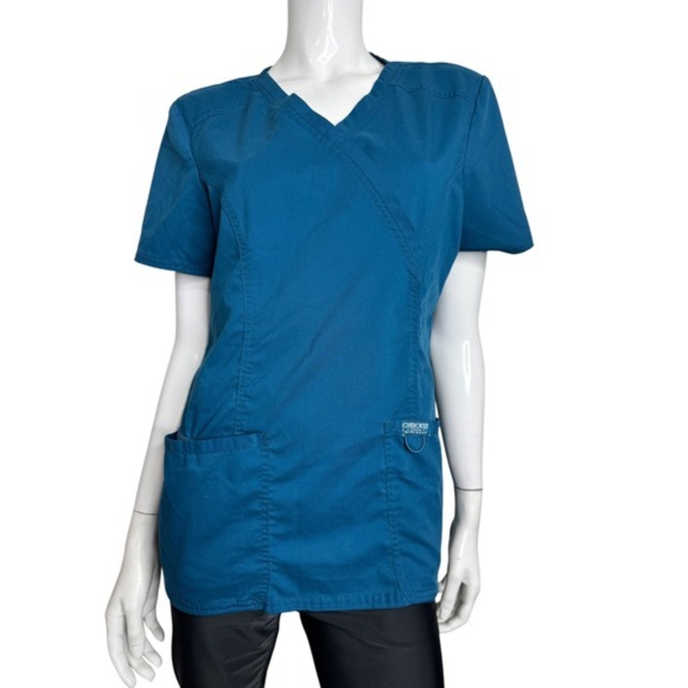 Cherokee Workwear Women Teal Blue Mock Wrap V-Neck Scrub Top Short Sleeve Medium
